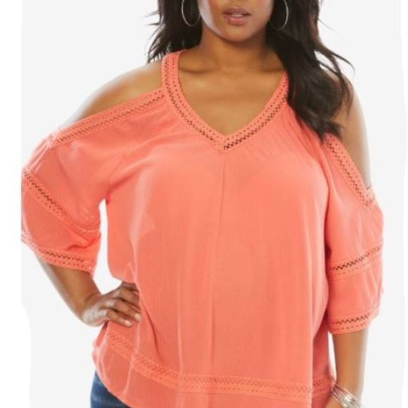 ROMANS Women’s Embroidered Coral Cold Shoulder Top Plus Size 18W - Picture 1 of 8